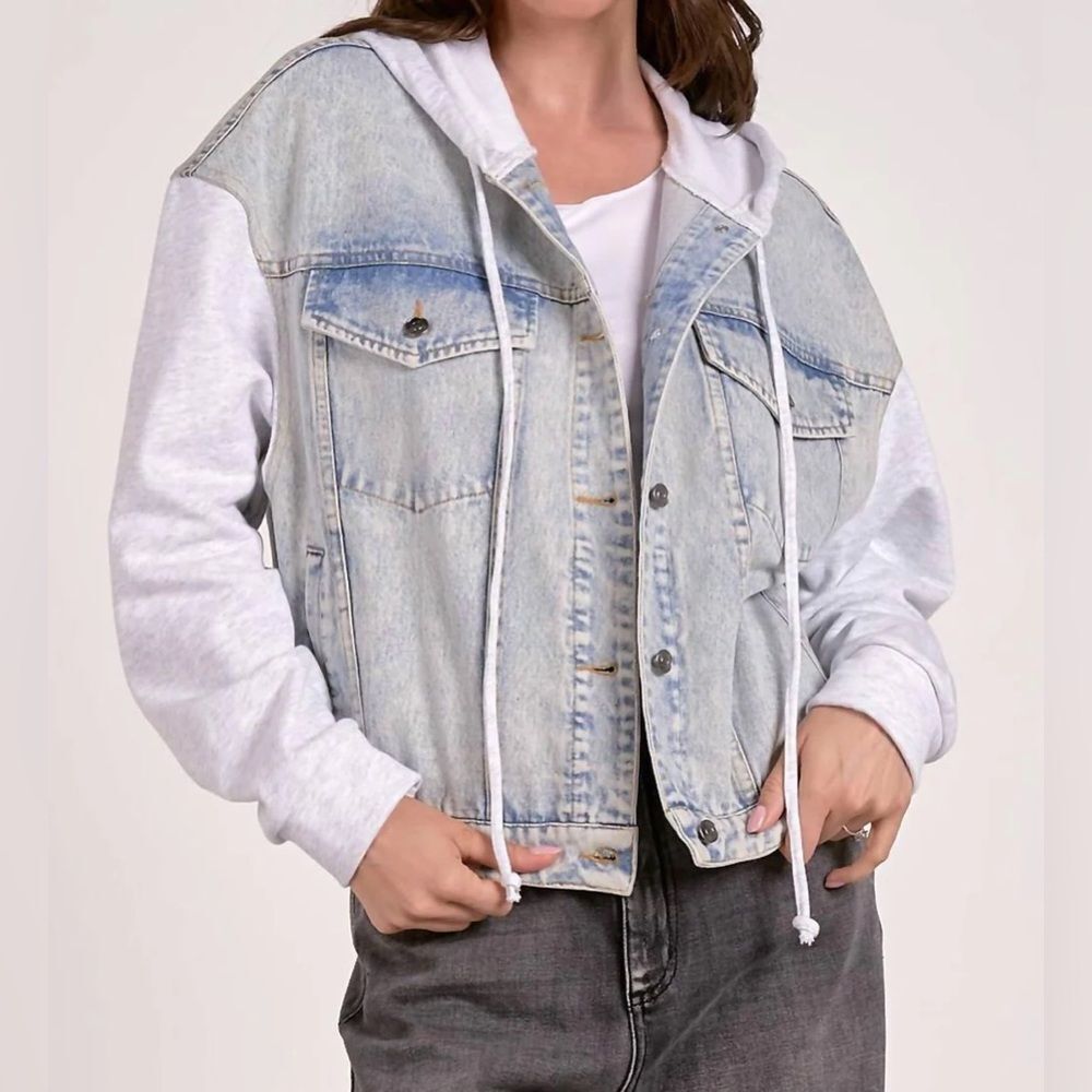 NWT- Elan - Blue Denim Jacket with Gray Hoodie -Small